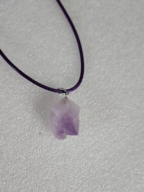 Raw Amethyst Pendant Necklace On Purple Cord